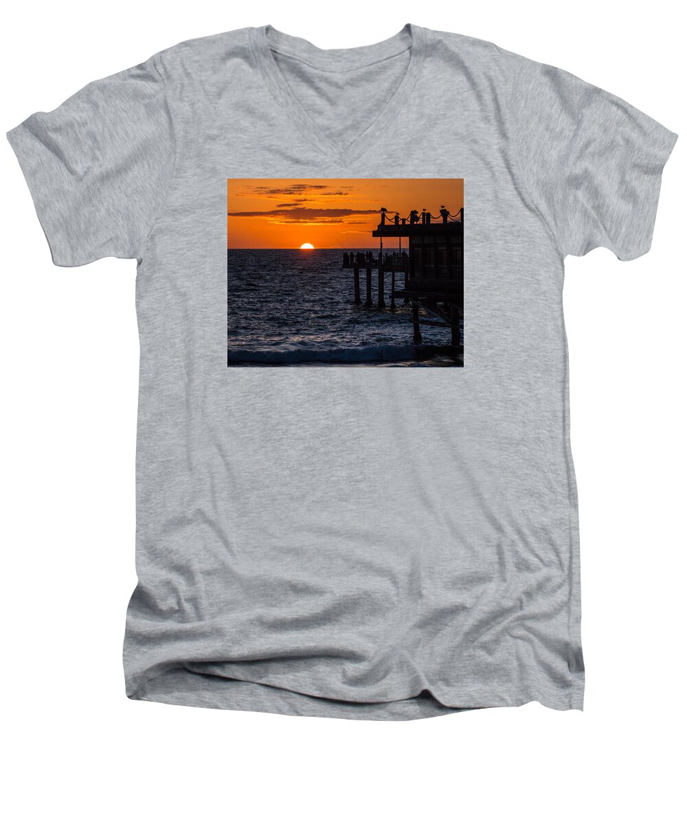 Pier Men's V-Neck T-Shirt featuring the photograph Fishing at Twilight by Ed Clark