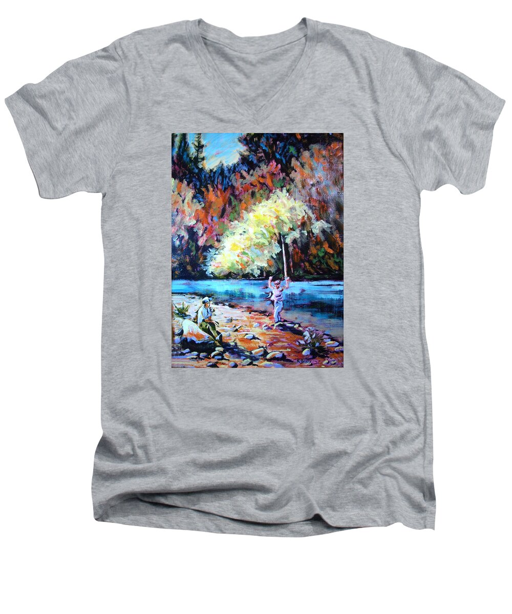 Landscape Men's V-Neck T-Shirt featuring the painting Fishing Painting Catch of the Day by Karla Beatty