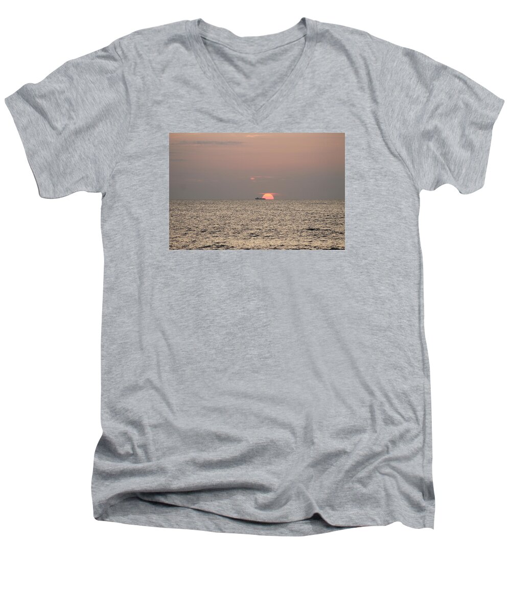 Fishing Men's V-Neck T-Shirt featuring the photograph Fishing Trawler Sunrise by Robert Banach