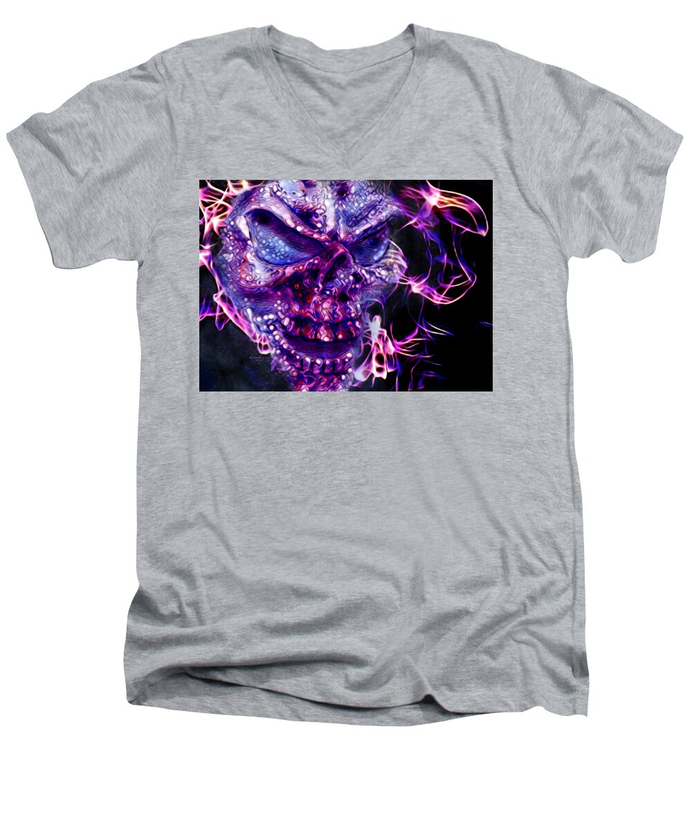 Digital Art Men's V-Neck T-Shirt featuring the digital art Flaming Skull by Artful Oasis