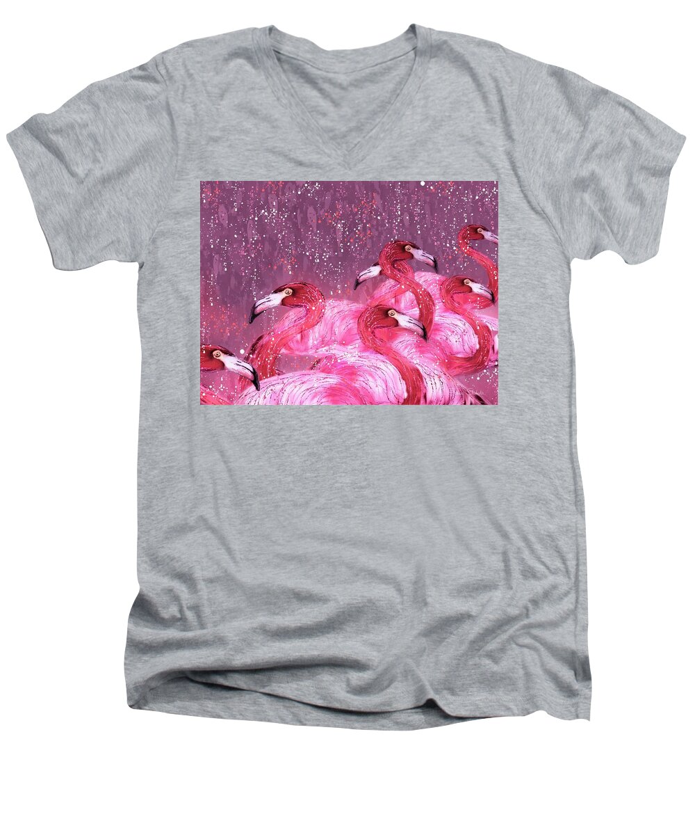 Flamingo Art Men's V-Neck T-Shirt featuring the painting Flamingo Frenzy by Barbara Chichester