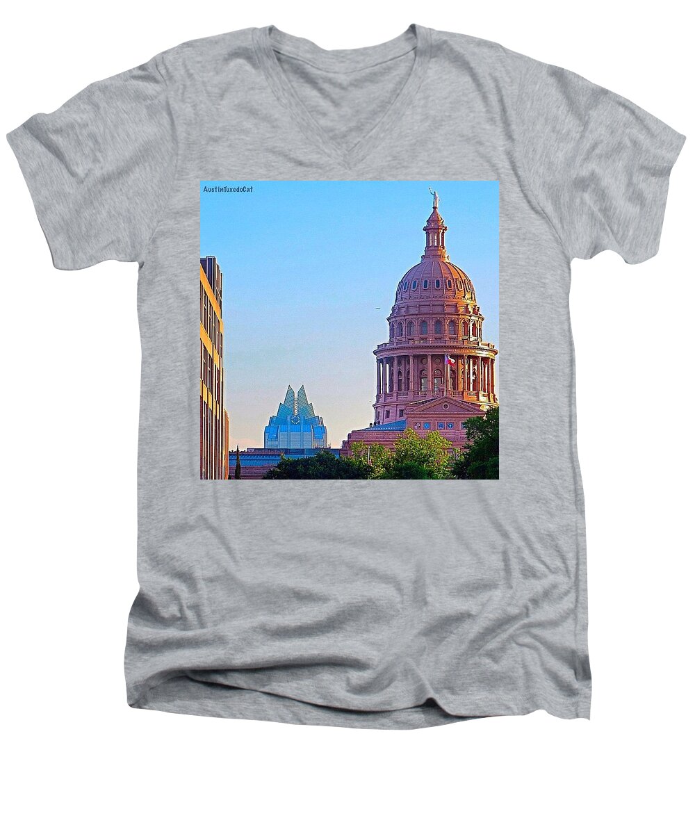 Buildings Men's V-Neck T-Shirt featuring the photograph #flashbackfriday, Such A Long Time Ago by Austin Tuxedo Cat