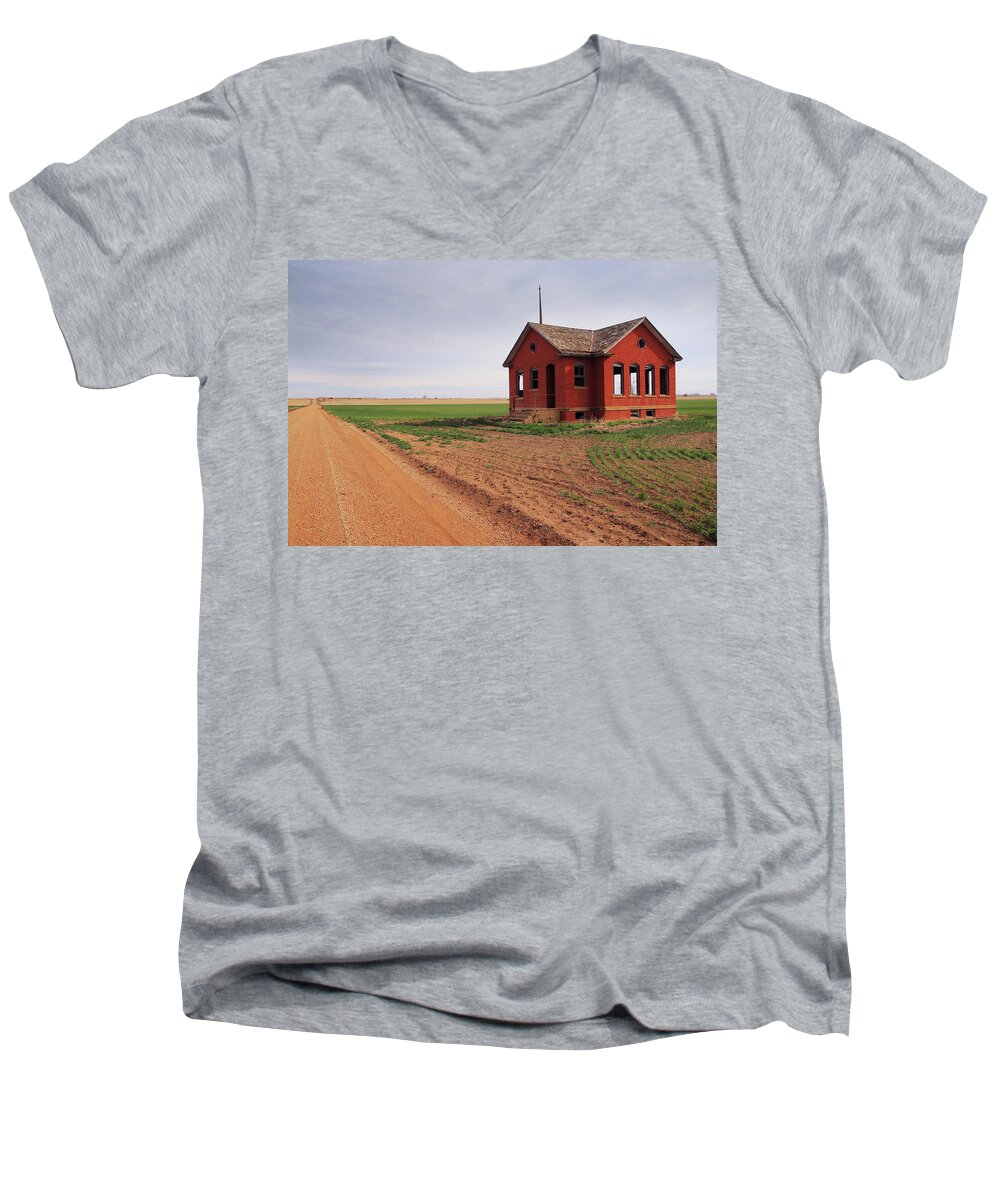 School Men's V-Neck T-Shirt featuring the photograph Flatland Schoolhouse by Christopher McKenzie