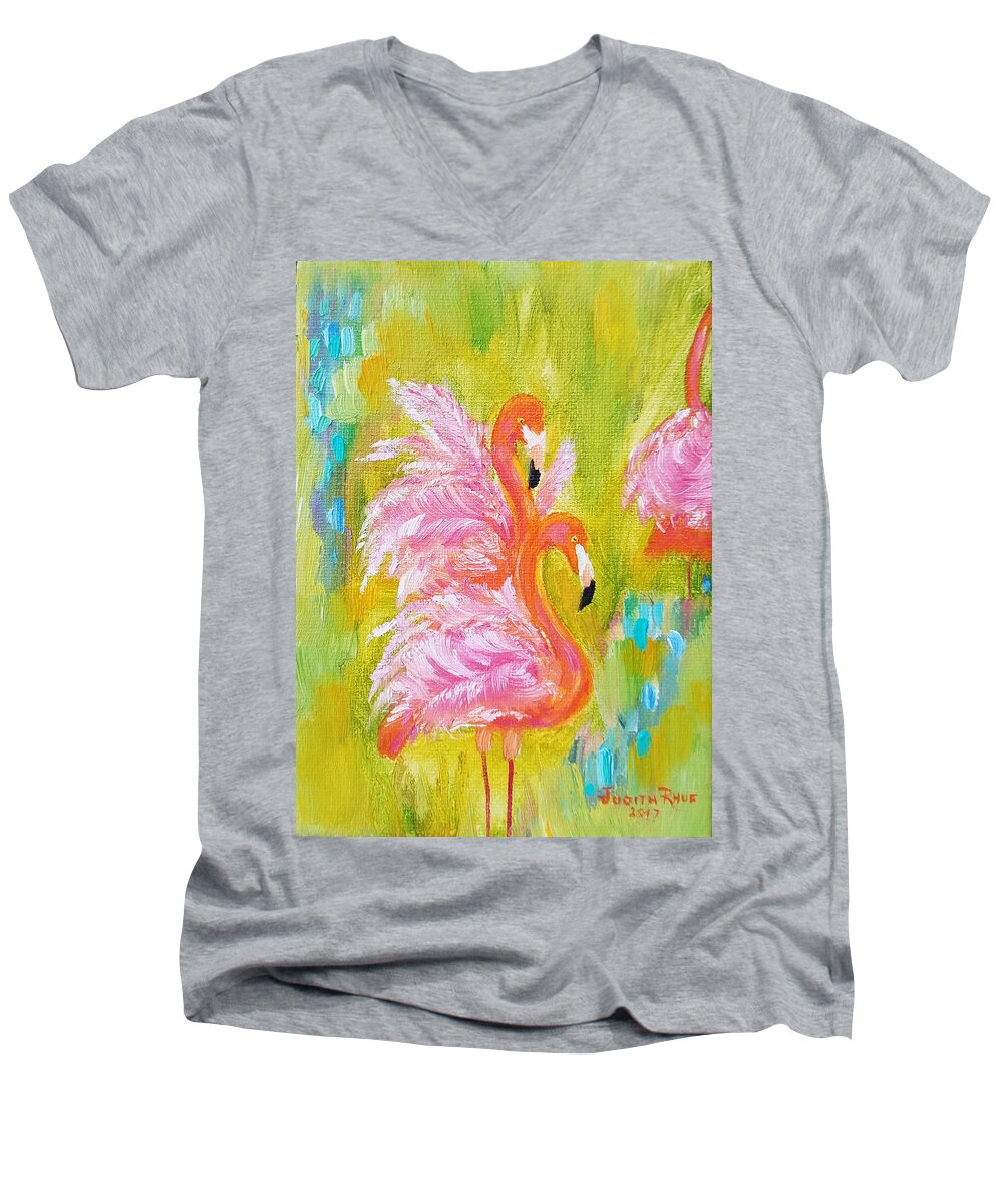Flamingo Men's V-Neck T-Shirt featuring the painting Flaunting Feathers by Judith Rhue