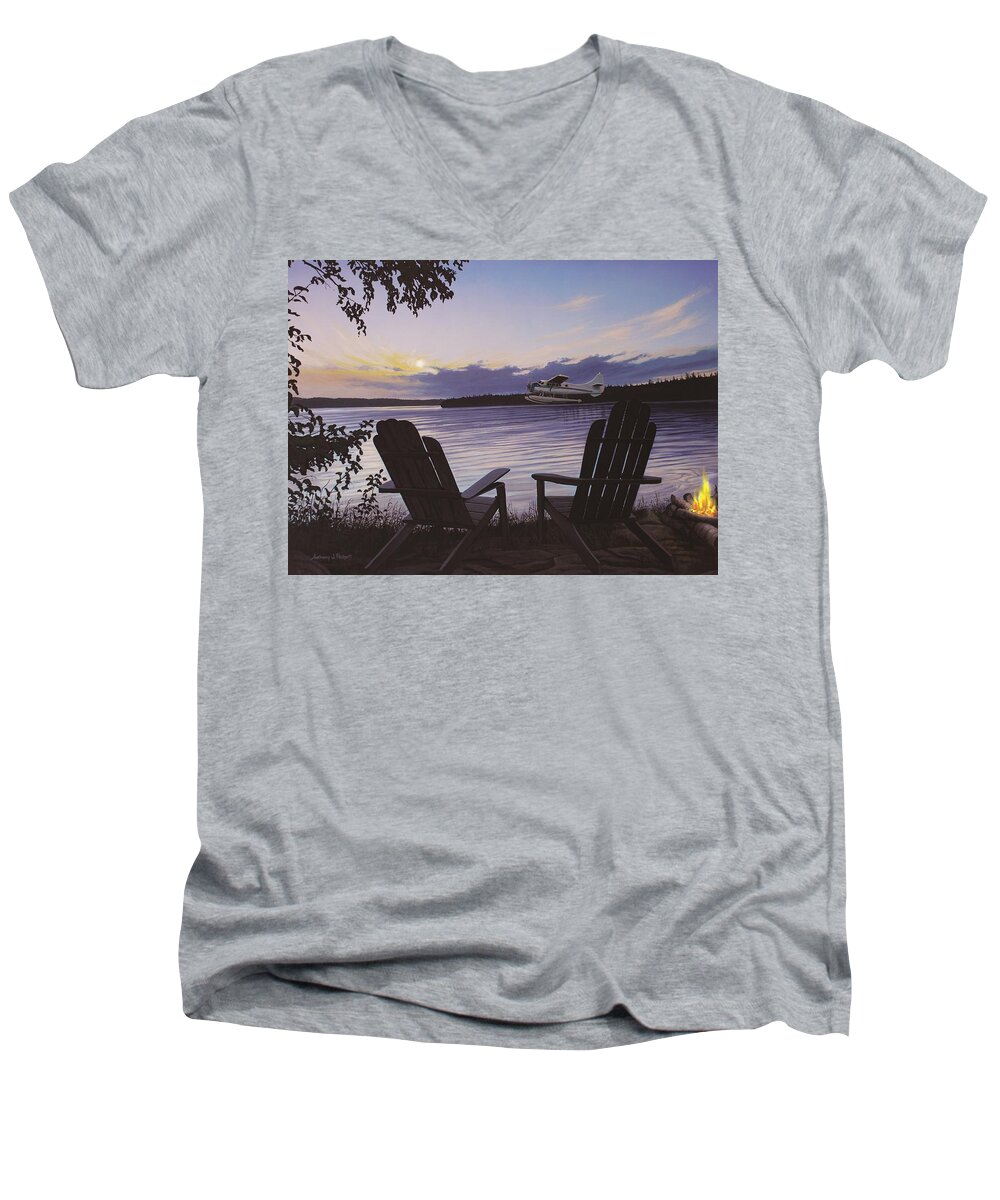 Plane Men's V-Neck T-Shirt featuring the painting Float Plane by Anthony J Padgett