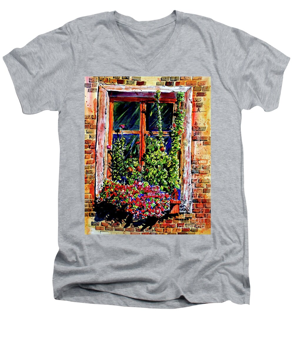 Window Men's V-Neck T-Shirt featuring the painting Flower Window by Terry Banderas