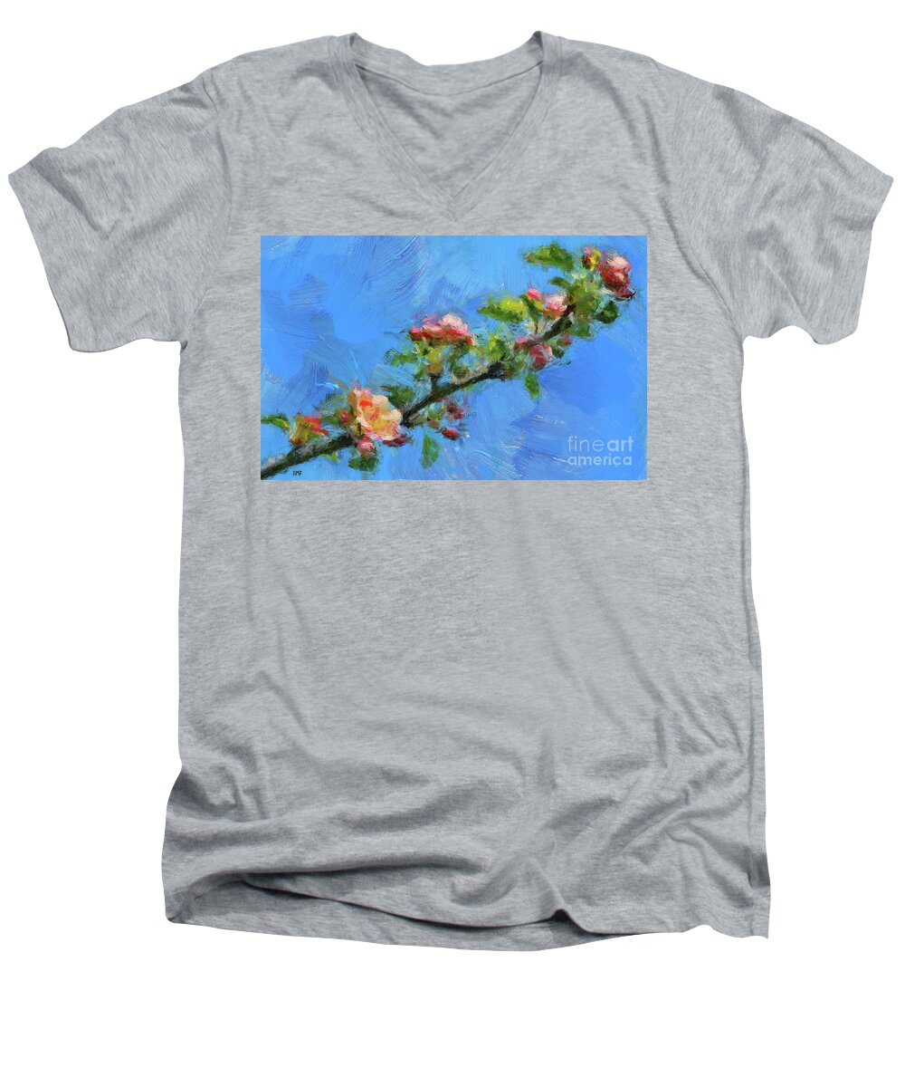 Branch Men's V-Neck T-Shirt featuring the painting Flowering Apple Branch by Dragica Micki Fortuna