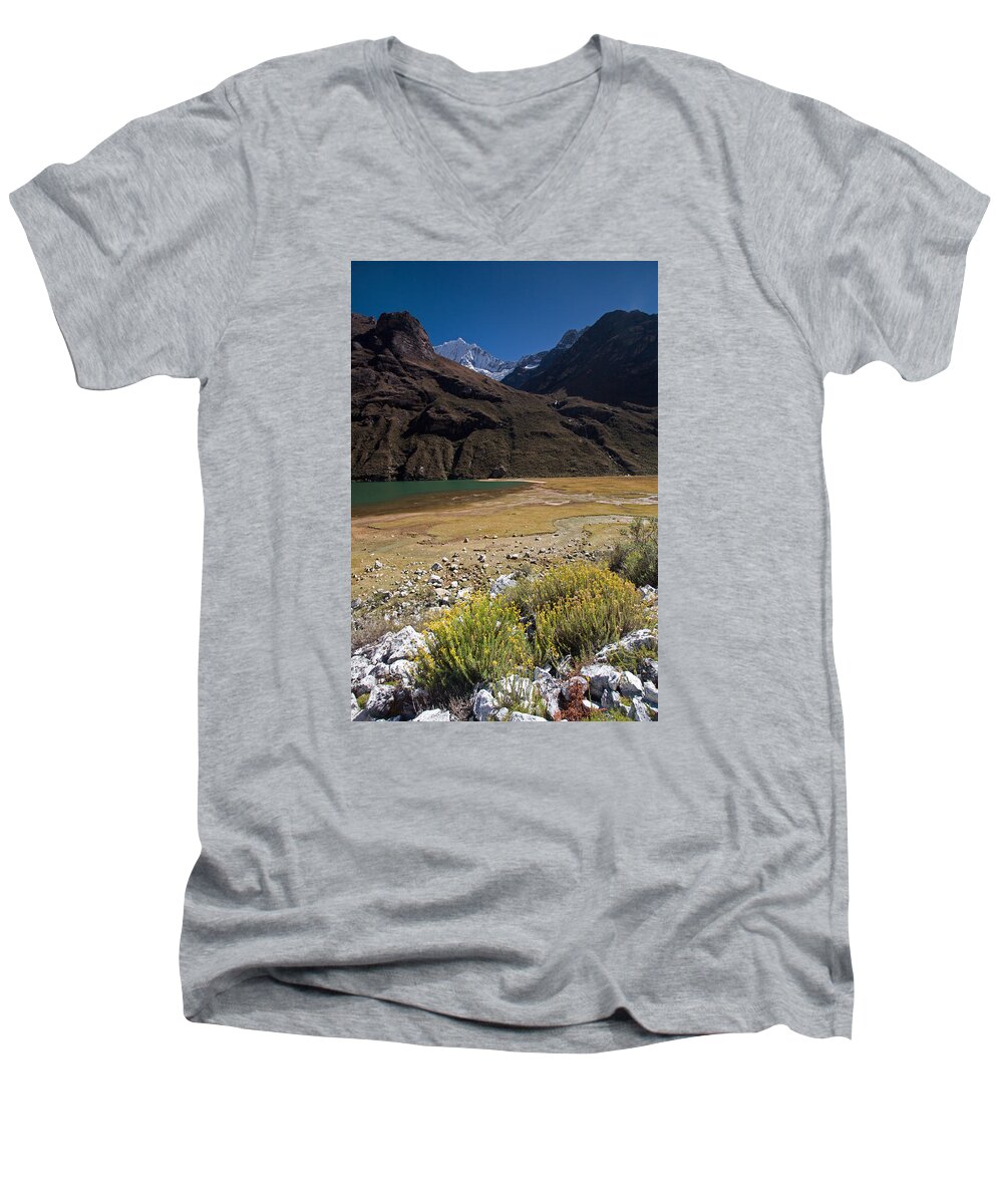 Andes Men's V-Neck T-Shirt featuring the photograph Flowers and Mountain Lake in Santa Cruz Valley by Aivar Mikko