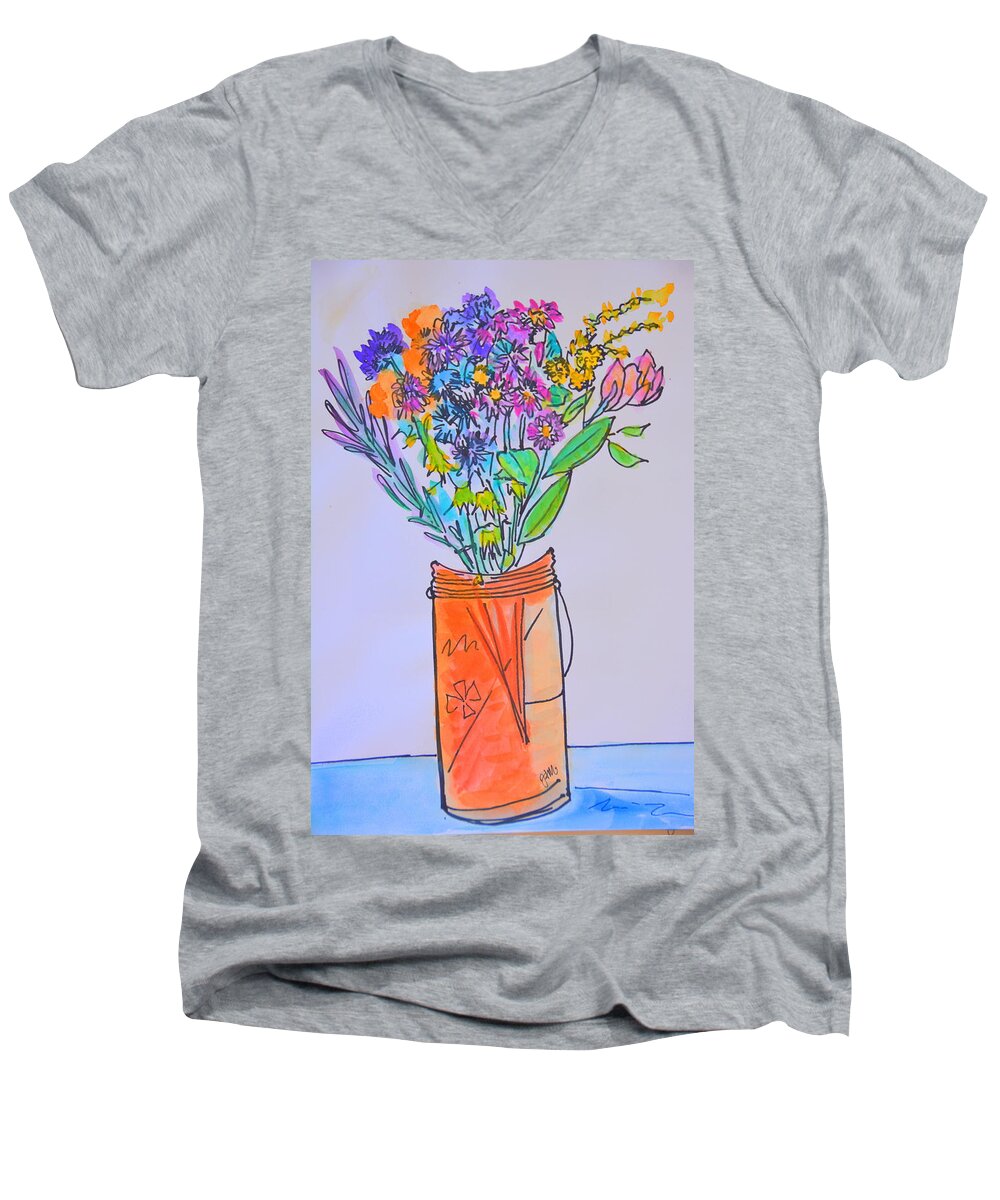 Flowers Men's V-Neck T-Shirt featuring the photograph Flowers in an orange mason jar by Julia Malakoff