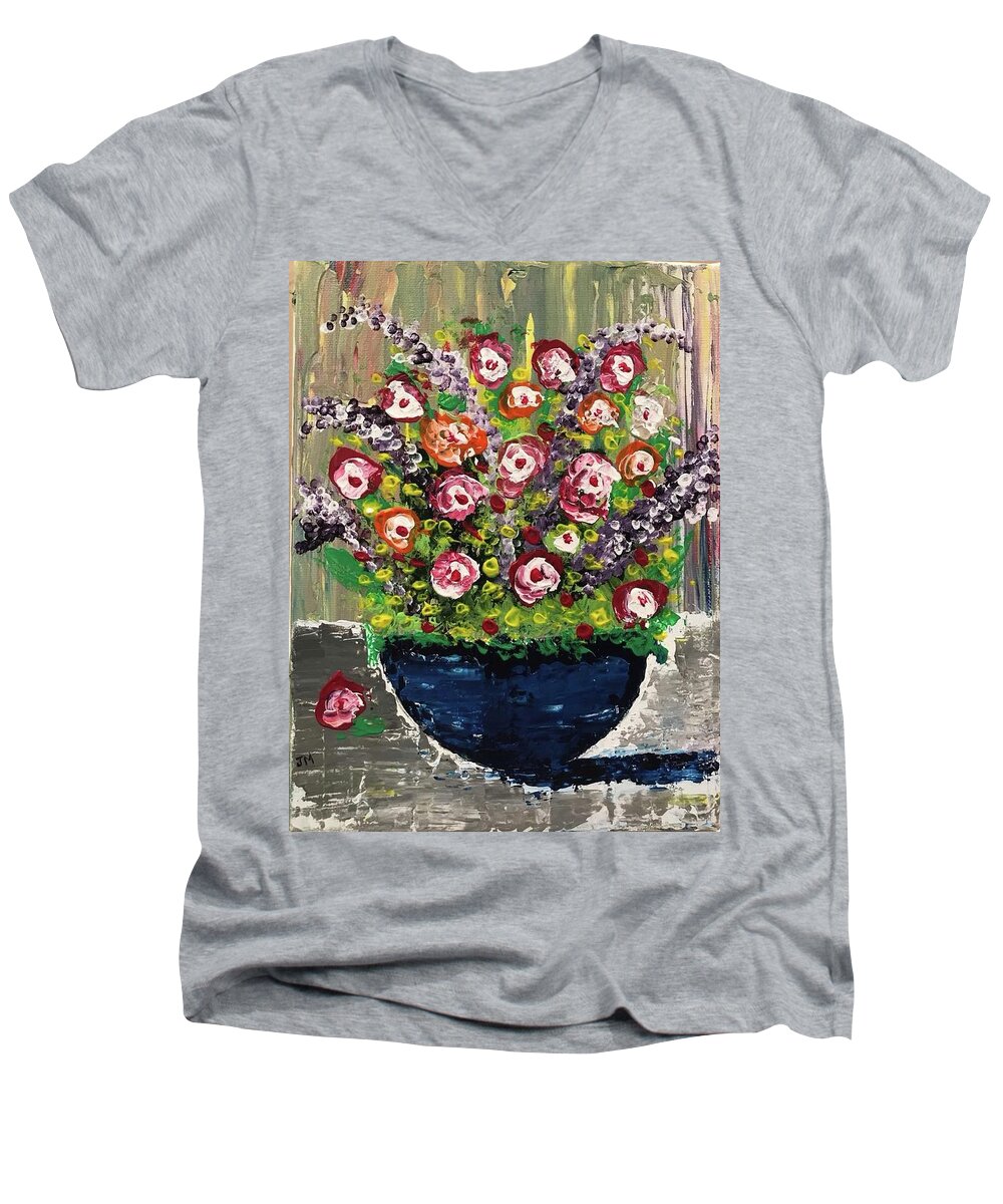 Acrylics. Palette Knife Men's V-Neck T-Shirt featuring the painting Flowers by Jim McCullaugh