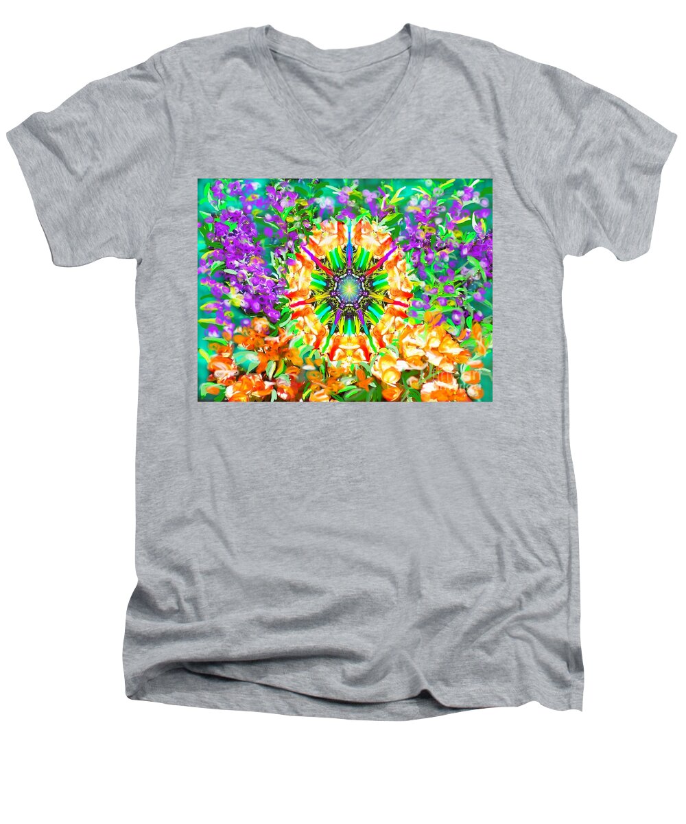 Mandala Men's V-Neck T-Shirt featuring the painting Flowers Mandala by Hidden Mountain