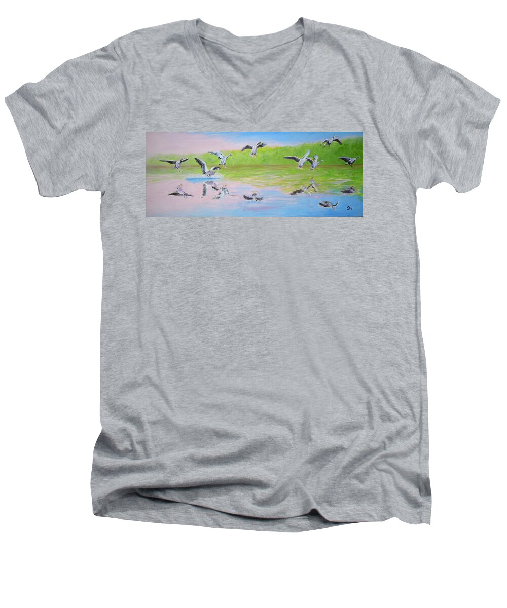 Art Men's V-Neck T-Shirt featuring the painting Flying Geese by Shirley Wellstead