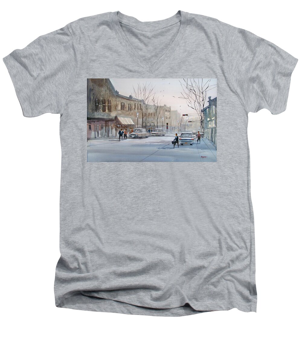 Ryan Radke Men's V-Neck T-Shirt featuring the painting Fond du Lac - Downtown by Ryan Radke