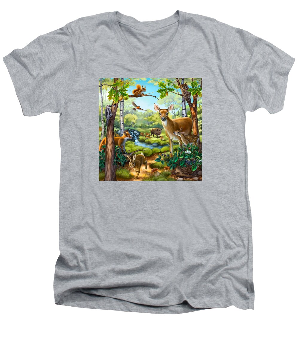 Forest Men's V-Neck T-Shirt featuring the painting Forest Animals by Anne Wertheim