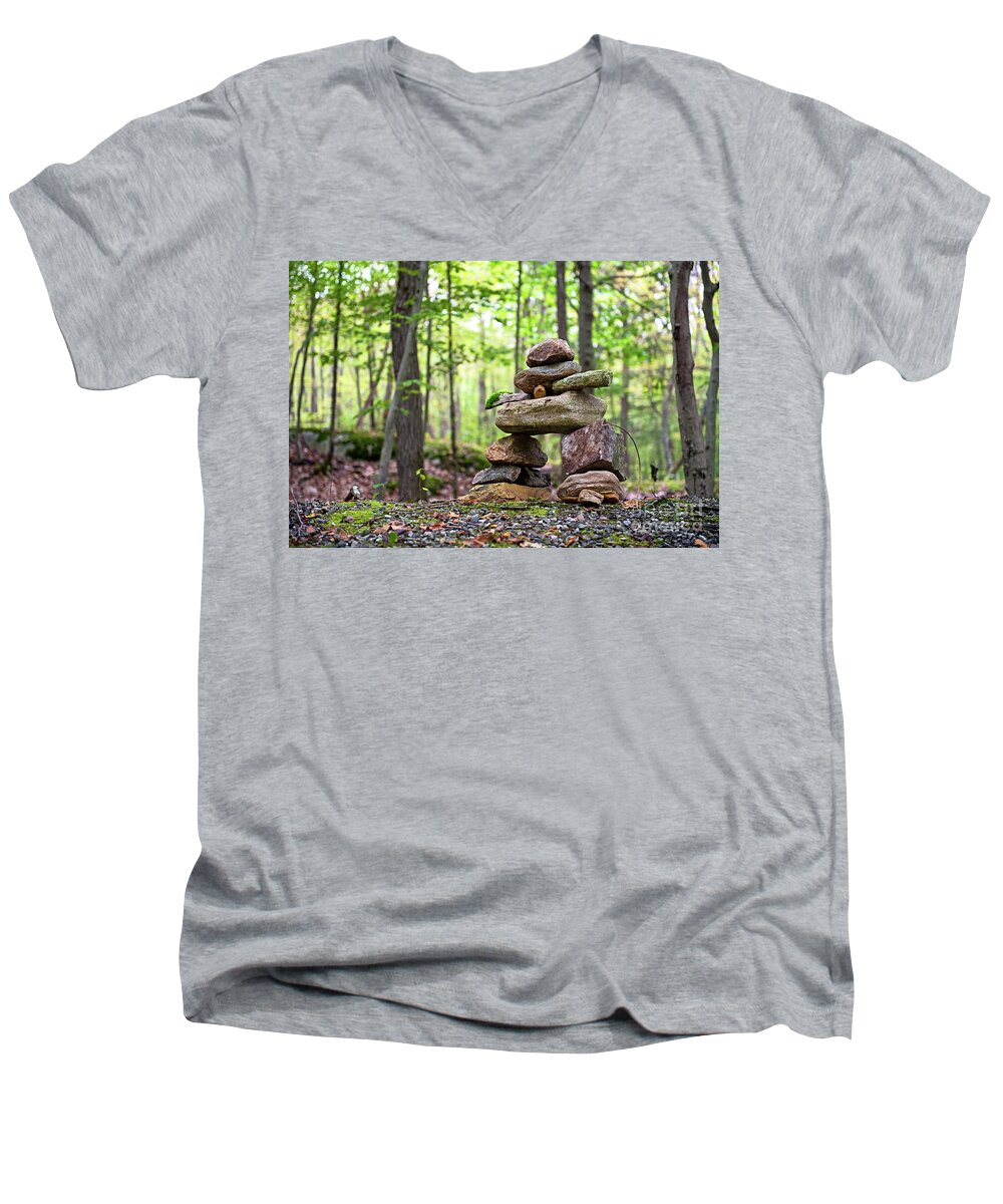 Nina Stavlund Men's V-Neck T-Shirt featuring the photograph Forest Inukshuk by Nina Stavlund