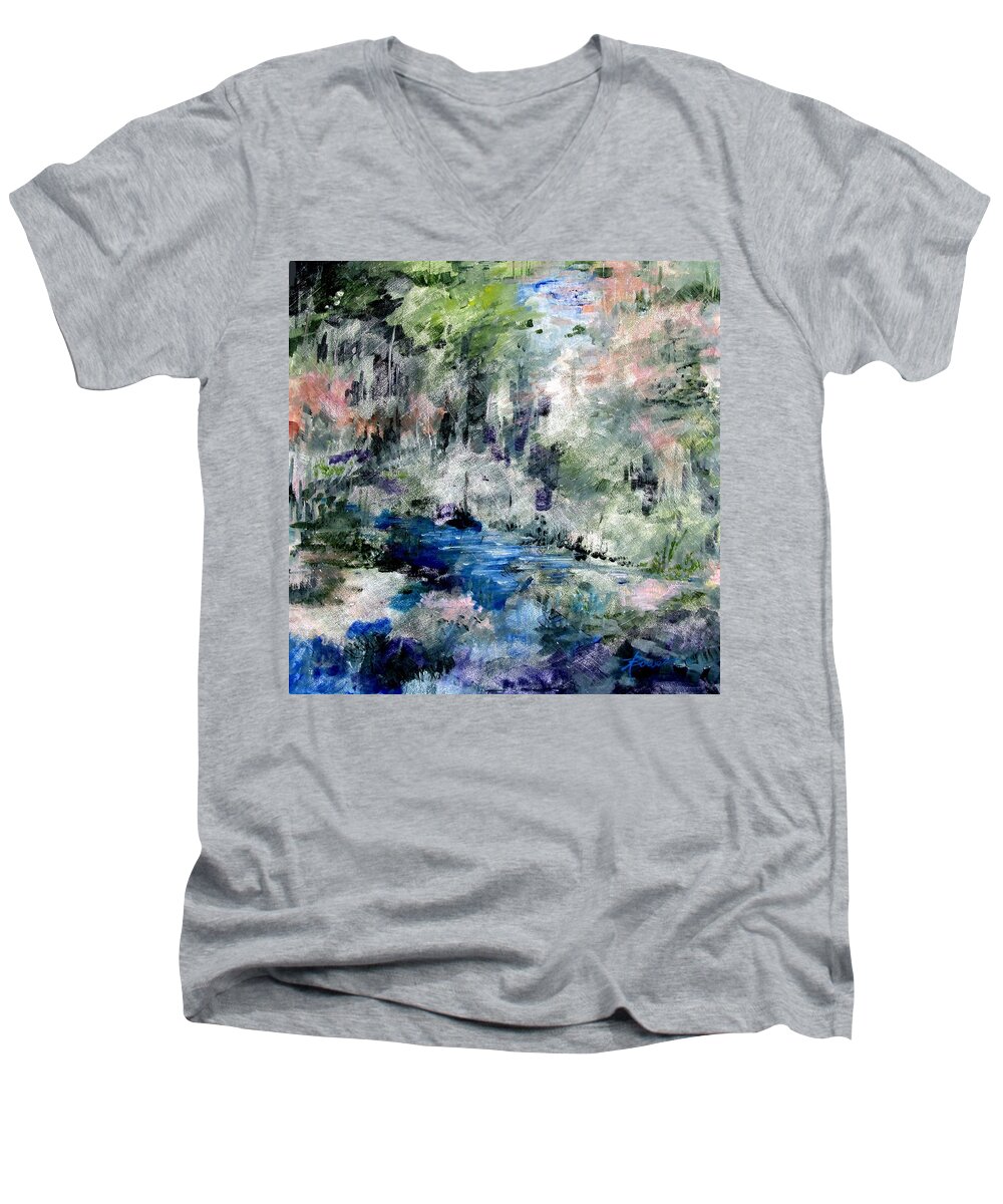 Creeks Men's V-Neck T-Shirt featuring the painting Forgotten Creek by Adele Bower
