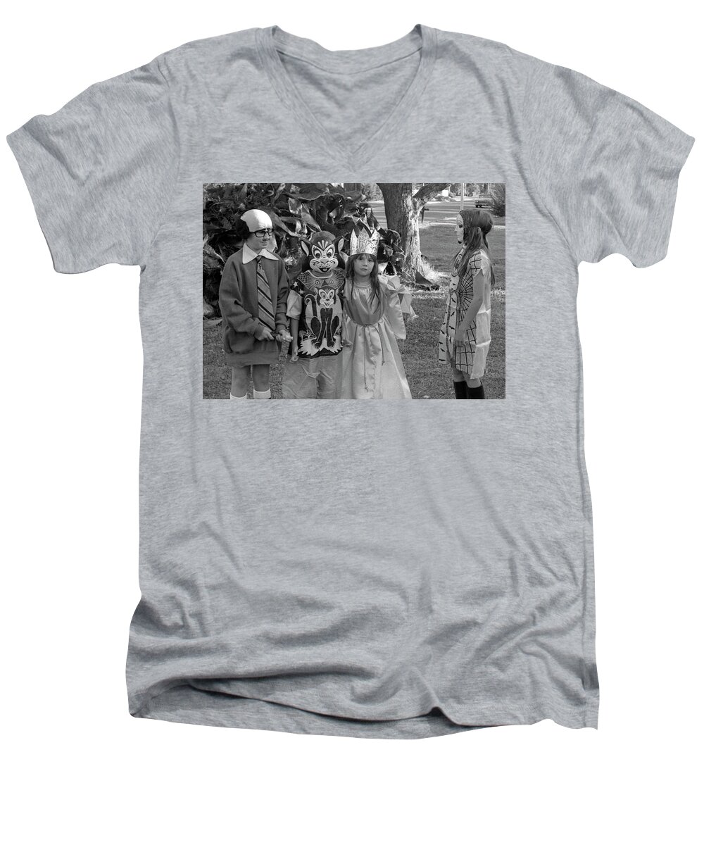 Halloween Men's V-Neck T-Shirt featuring the photograph Four Girls In Halloween Costumes, 1971, Part Two by Jeremy Butler
