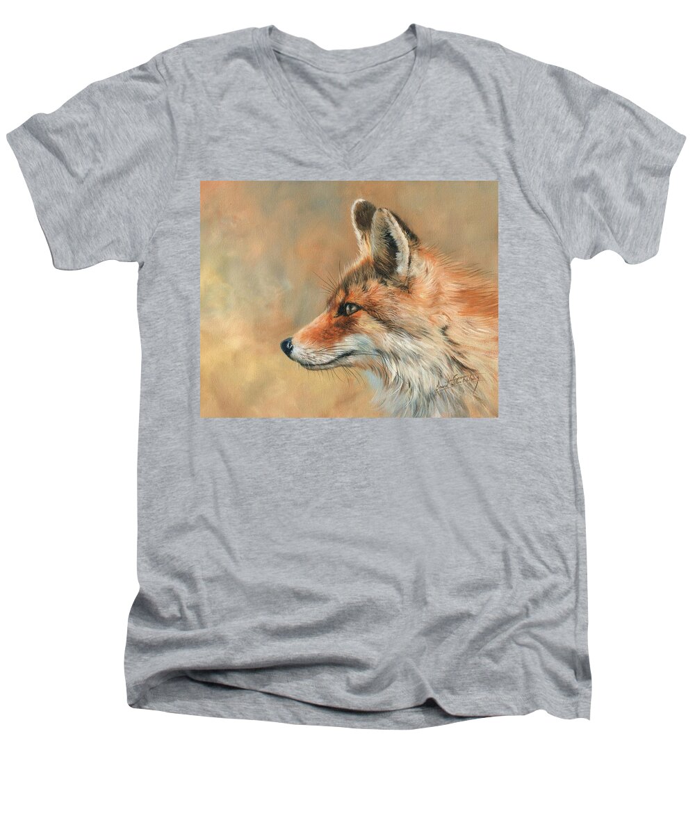 Fox Men's V-Neck T-Shirt featuring the painting Fox Portrait by David Stribbling
