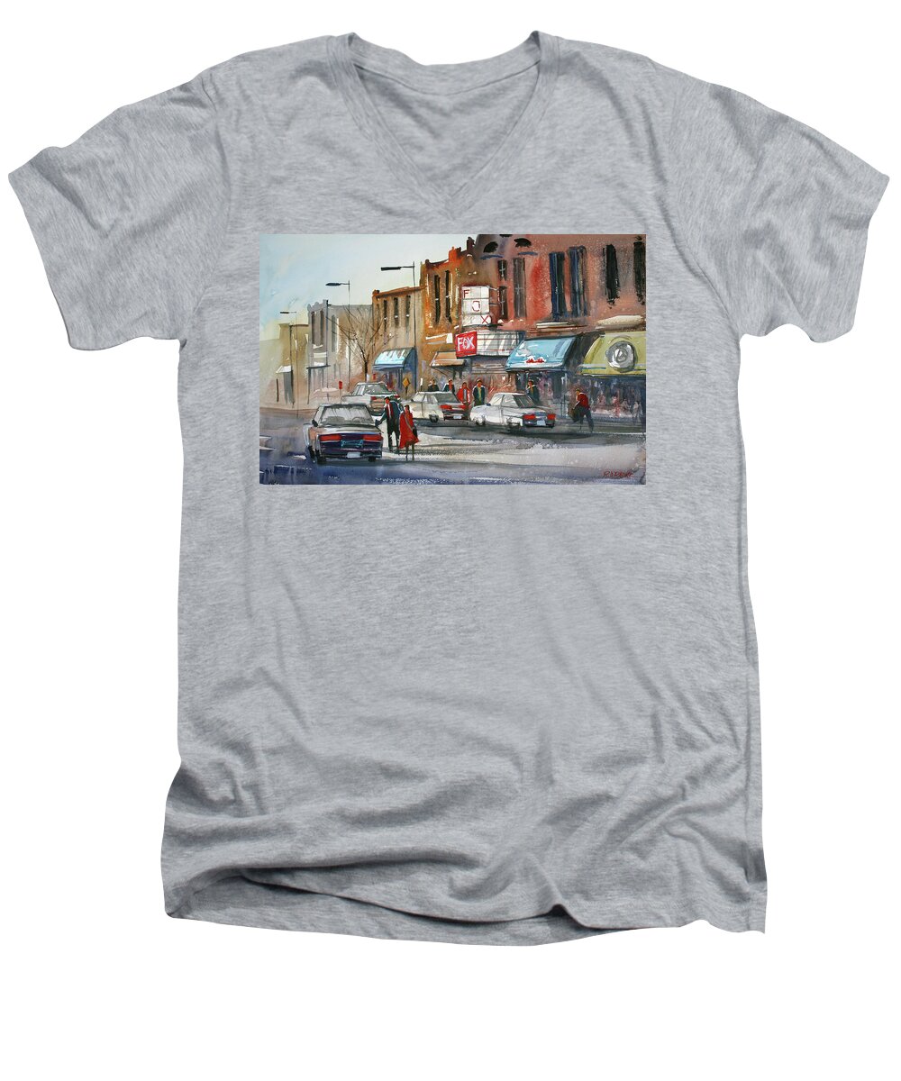 Ryan Radke Men's V-Neck T-Shirt featuring the painting Fox Theater - Steven's Point by Ryan Radke