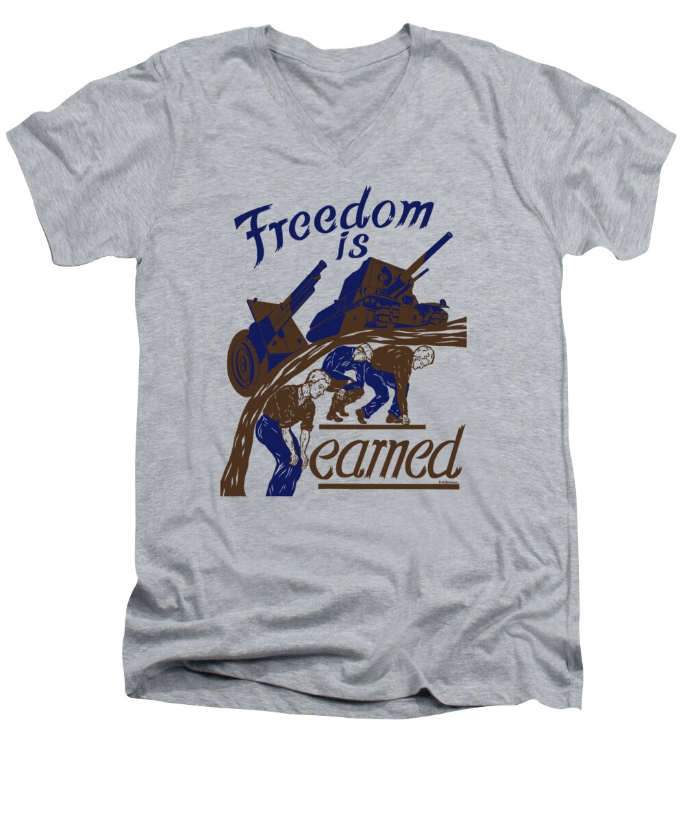 Ww2 Men's V-Neck T-Shirt featuring the mixed media Freedom Is Earned - WW2 by War Is Hell Store