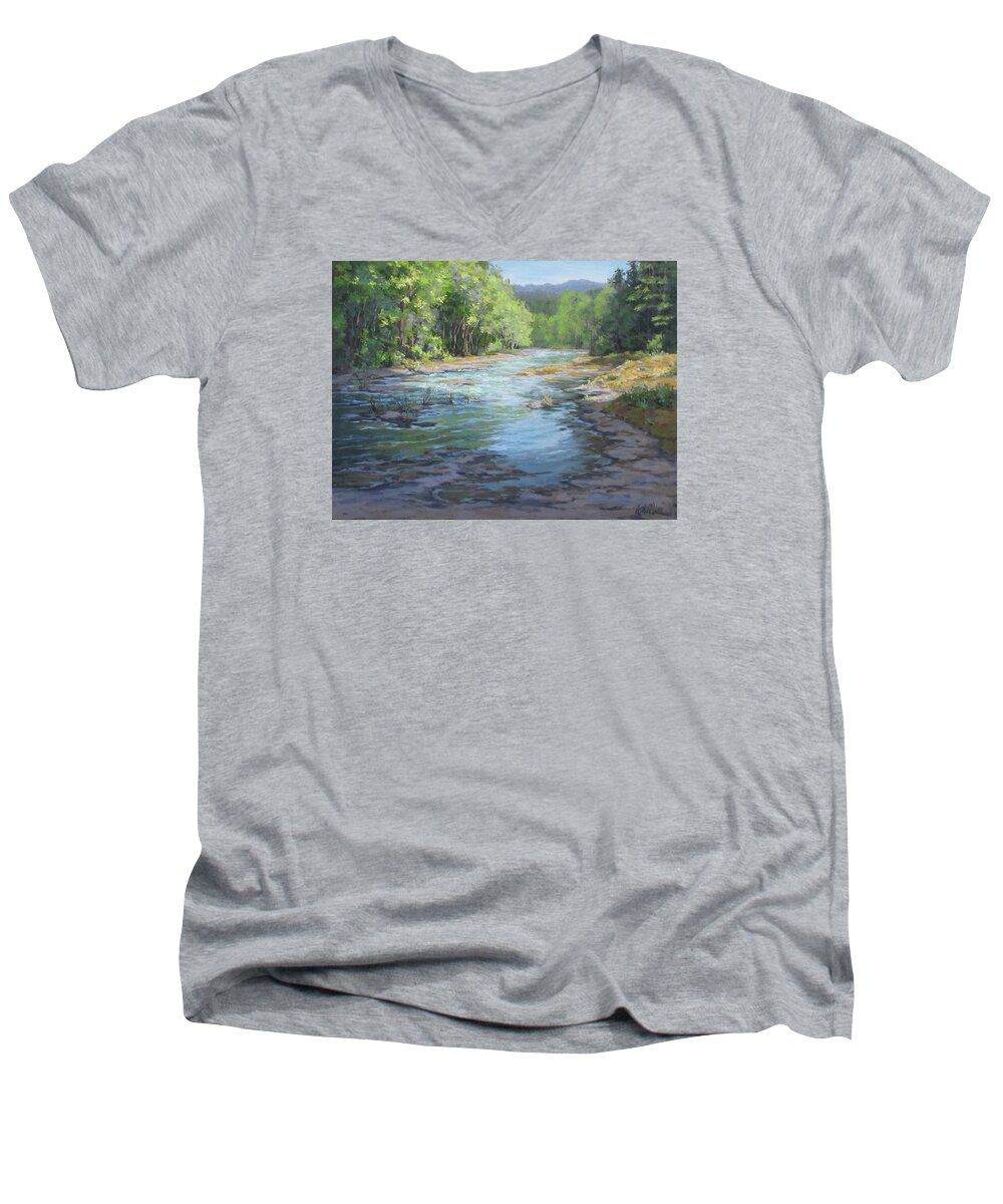 River Men's V-Neck T-Shirt featuring the painting Fresh Greens by Karen Ilari