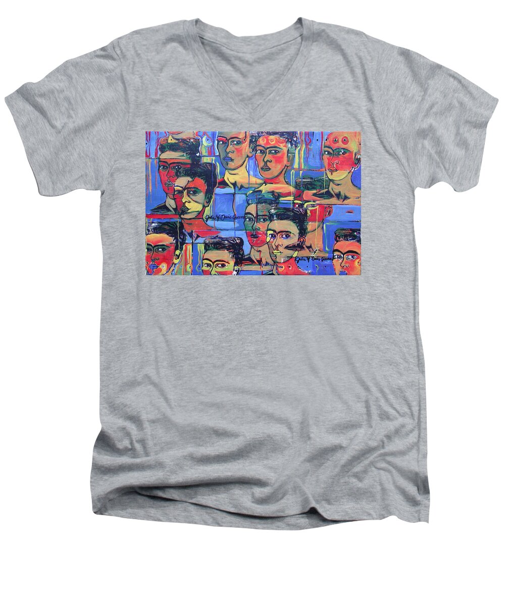 Frida Men's V-Neck T-Shirt featuring the painting Frida Blue And Orange by Julie Davis