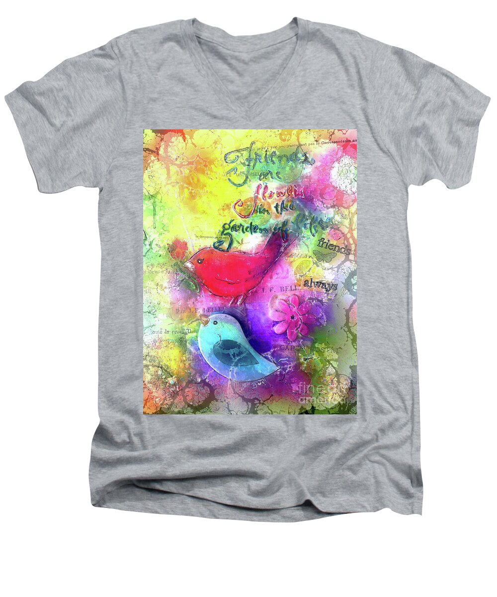 Birds Men's V-Neck T-Shirt featuring the digital art Friends Always by Claire Bull