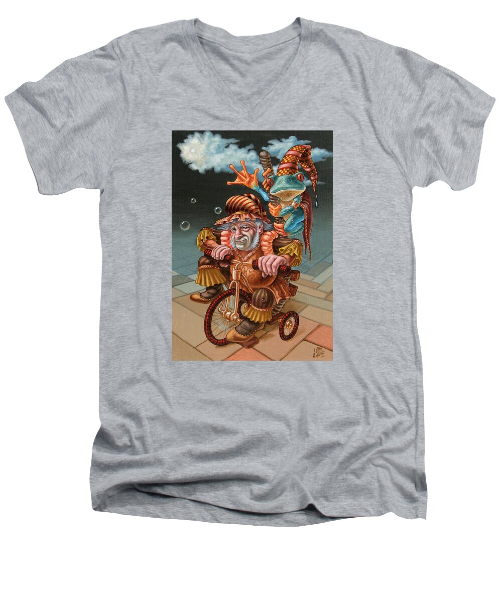 Frog Men's V-Neck T-Shirt featuring the painting Froggy Circus by Victor Molev