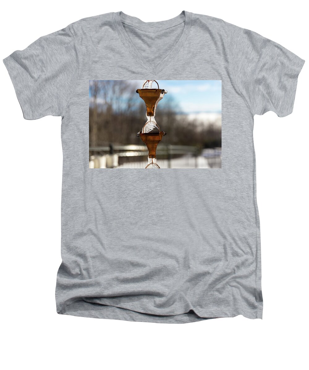 Rain Chains Men's V-Neck T-Shirt featuring the photograph Frozen Rain Chains by D K Wall