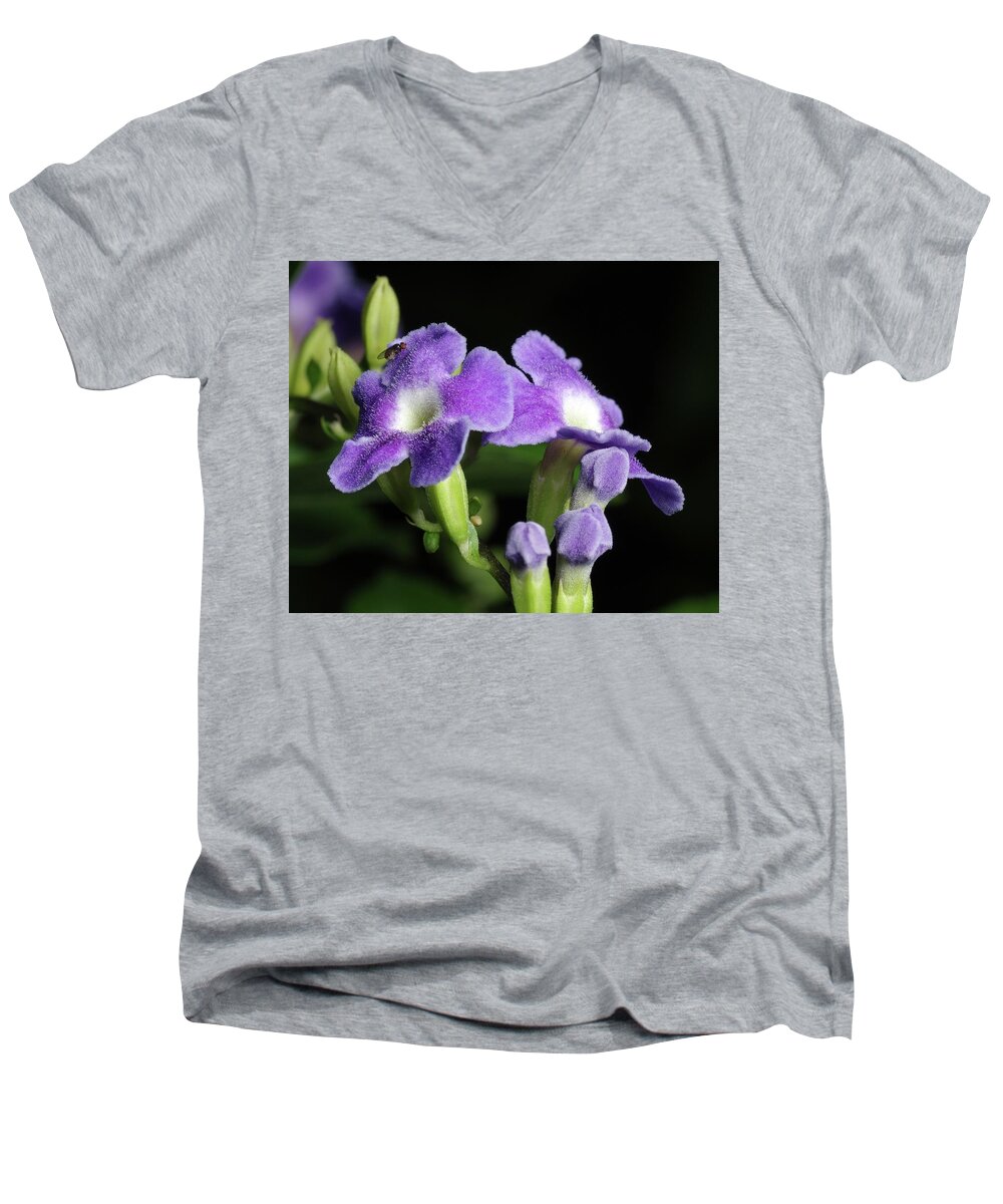 Nature Men's V-Neck T-Shirt featuring the photograph Fruit Fly on Golden Dewdrop by Richard Rizzo