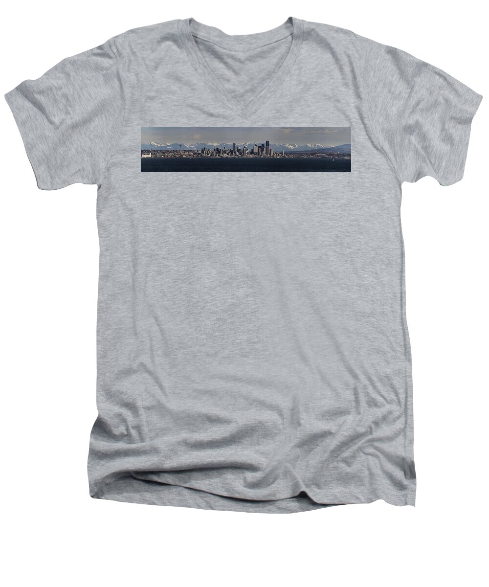 Seattle Panoramic Men's V-Neck T-Shirt featuring the photograph Full Frontal Seattle by James Heckt