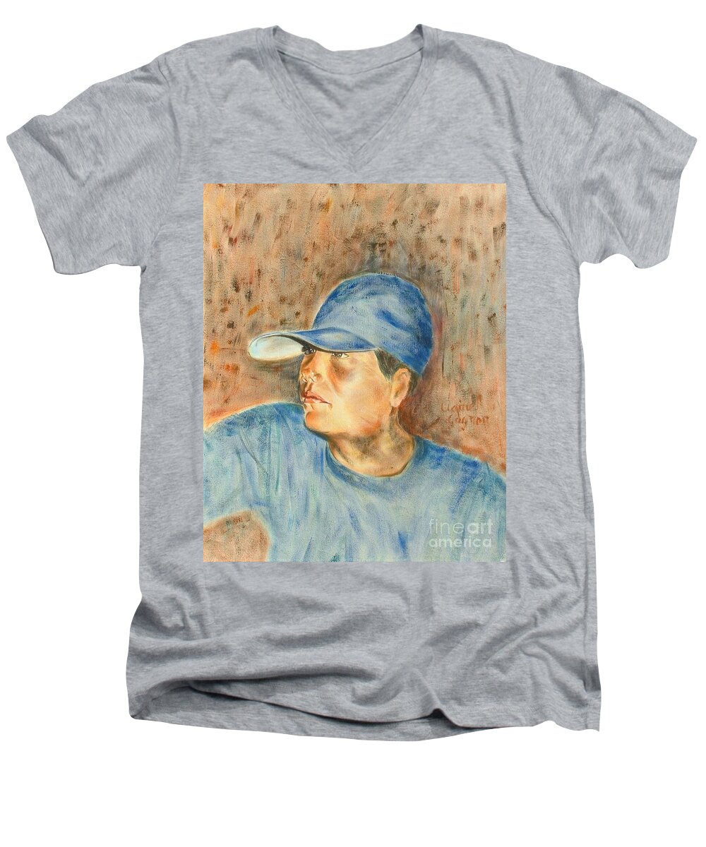 Boy Men's V-Neck T-Shirt featuring the painting Gabe by Claire Gagnon