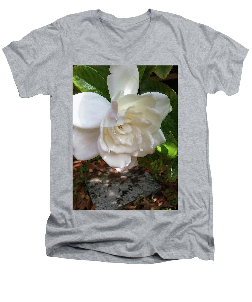 Gardenia Men's V-Neck T-Shirt featuring the photograph Gardenia Blossom by Ginny Schmidt