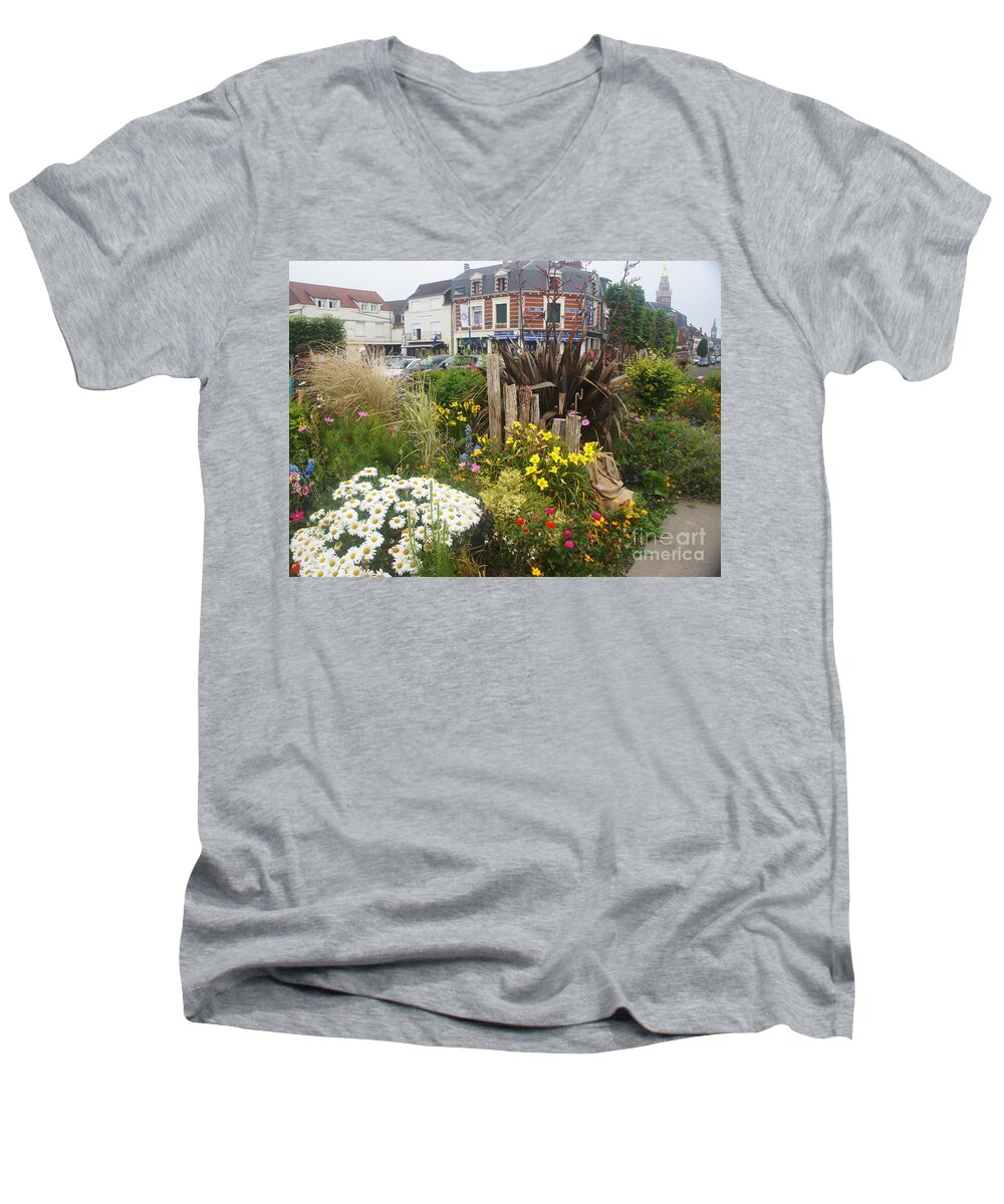 Gardens Men's V-Neck T-Shirt featuring the photograph Gardens at Albert Train Station in France by Therese Alcorn