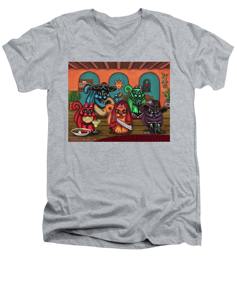 Hispanic Art Men's V-Neck T-Shirt featuring the painting Gatos de Santa Fe by Victoria De Almeida