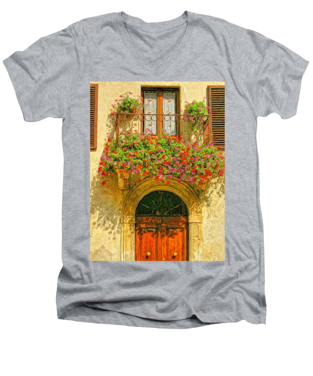 Italy Men's V-Neck T-Shirt featuring the painting Gerani Coloriti by Dominic Piperata