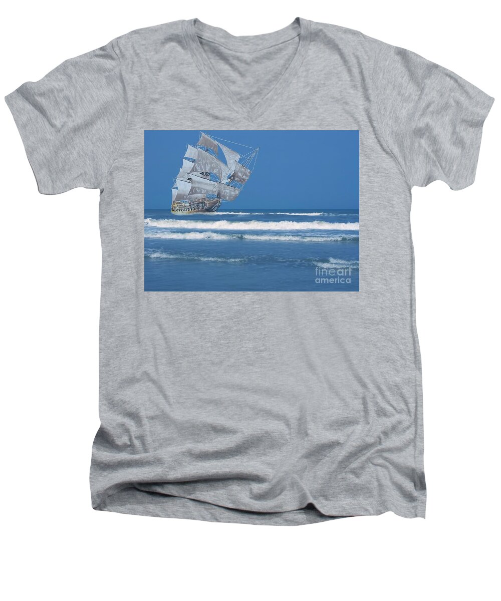 Ghost Men's V-Neck T-Shirt featuring the digital art Ghost Ship On The Treasure Coast by D Hackett