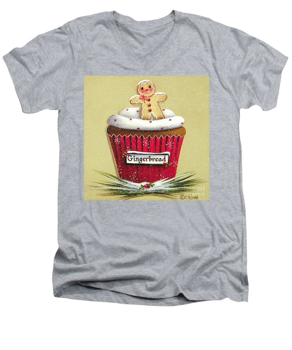 Art Men's V-Neck T-Shirt featuring the painting Gingerbread Cookie Cupcake by Catherine Holman