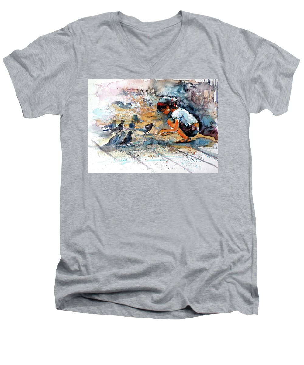 Girl Men's V-Neck T-Shirt featuring the painting Girl with birds by Kovacs Anna Brigitta