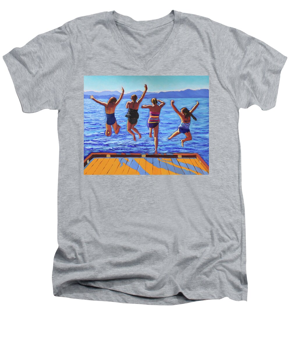 Girls Men's V-Neck T-Shirt featuring the painting Girls Jumping by Kevin Hughes
