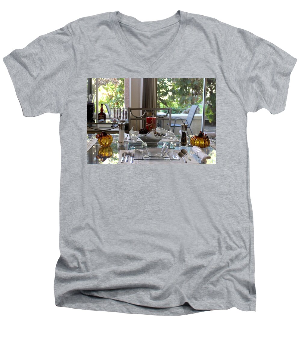 Thanksgiving Men's V-Neck T-Shirt featuring the photograph Giving Thanks in California Thanksgiving Table by Colleen Cornelius