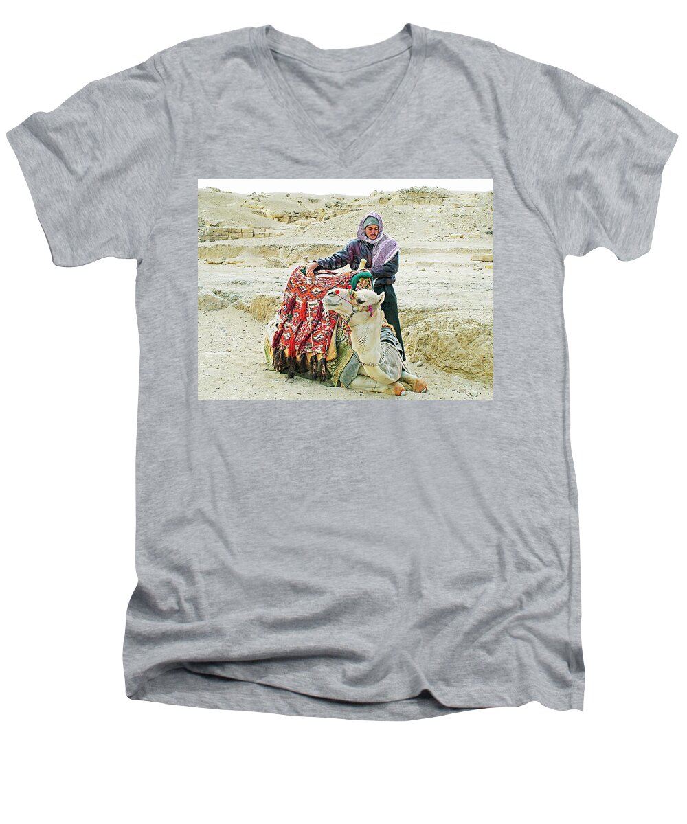 Egypt Men's V-Neck T-Shirt featuring the photograph Giza Camel Taxi by Joseph Hendrix