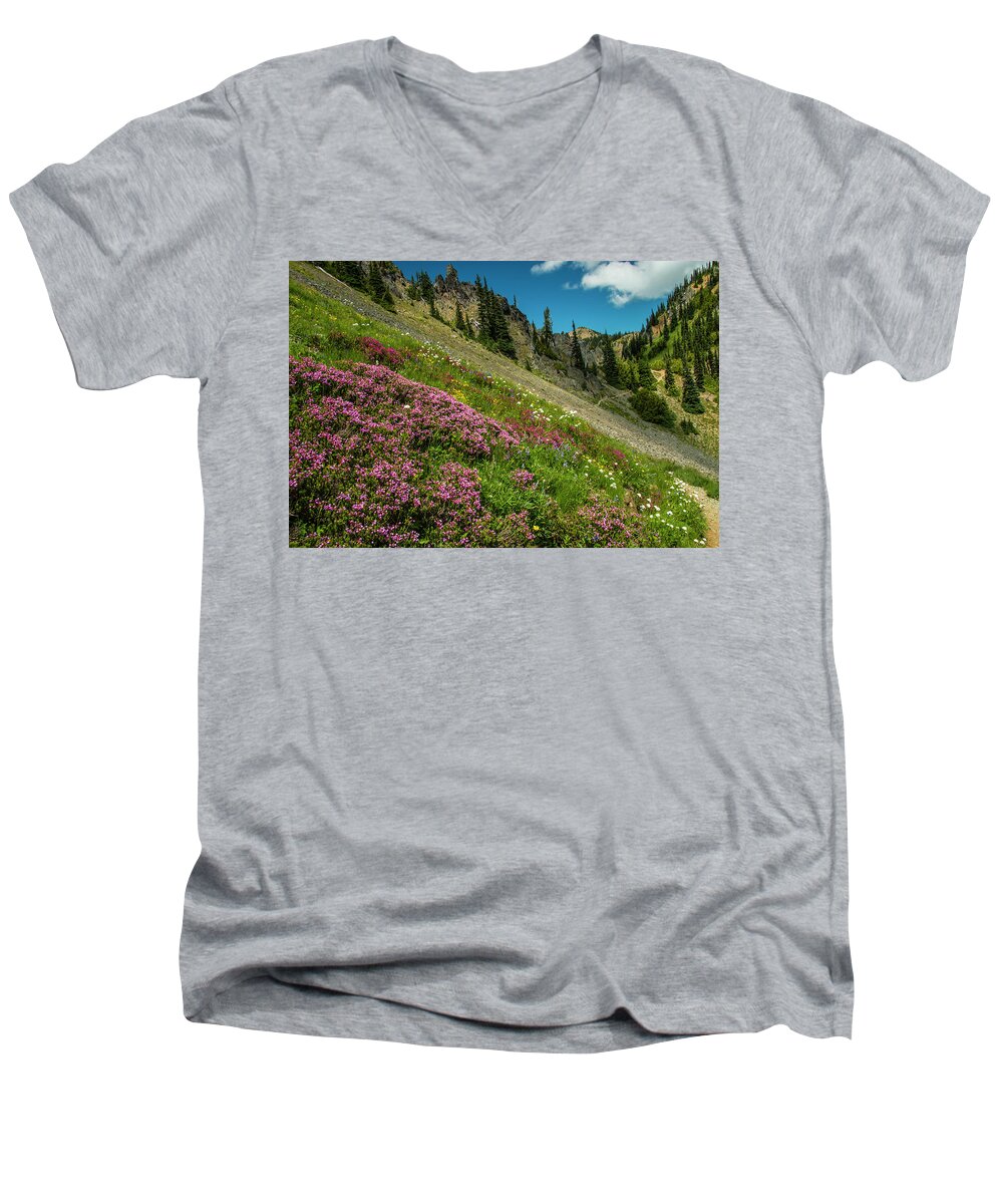 Pct Men's V-Neck T-Shirt featuring the photograph Glorious Mountain Heather by Doug Scrima
