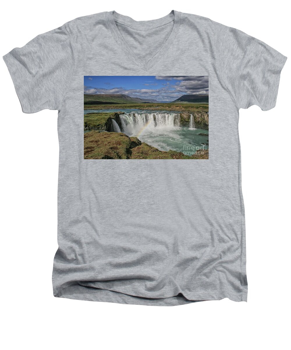 Waterfall Men's V-Neck T-Shirt featuring the photograph Godafoss waterfall in Iceland by Patricia Hofmeester