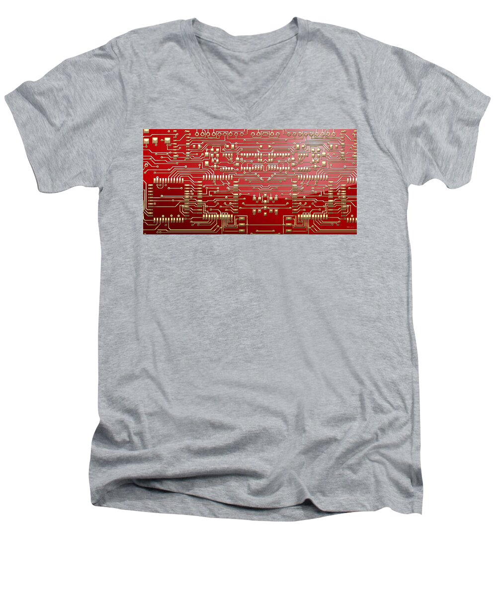 visual Art Pop By Serge Averbukh Men's V-Neck T-Shirt featuring the photograph Gold Circuitry on Red by Serge Averbukh