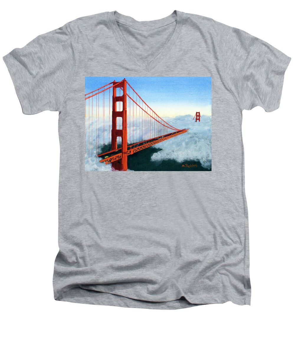 Golden Gate Bridge Men's V-Neck T-Shirt featuring the painting Golden Gate Bridge Sunset by Mike Robles