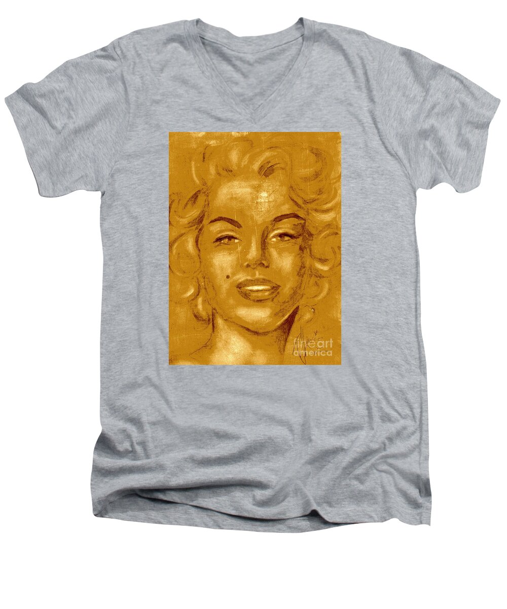 Marilyn Monroe Men's V-Neck T-Shirt featuring the painting Golden girl memories by PJ Lewis
