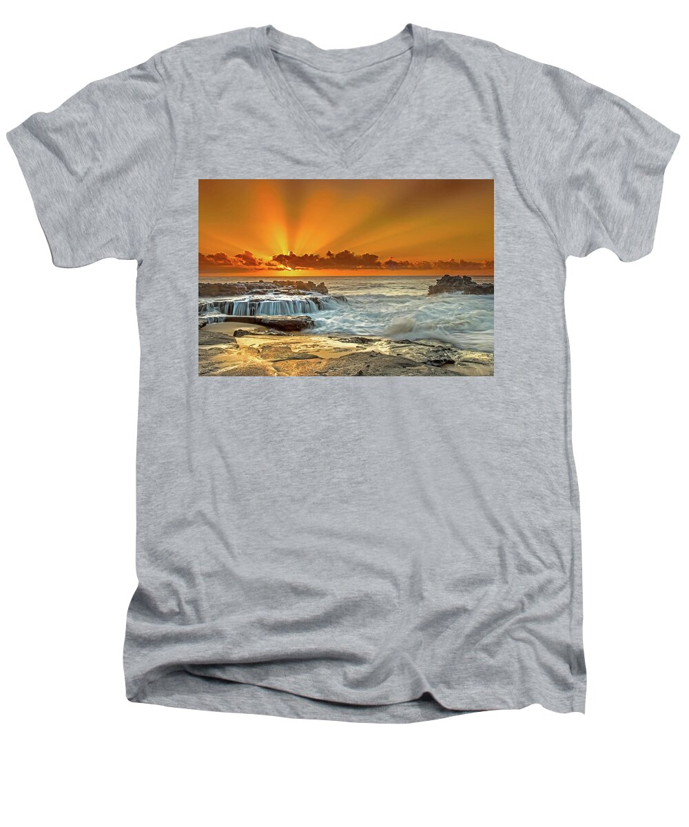 Oahu Sunset Ocean Shorebreak Seascape Clouds Fine Art Photography Men's V-Neck T-Shirt featuring the photograph Golden Rays by James Roemmling
