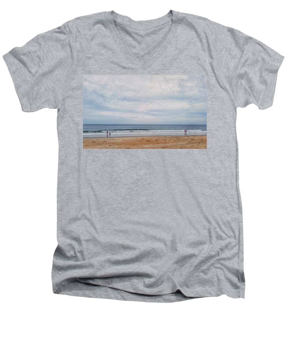 Landscape Men's V-Neck T-Shirt featuring the photograph Golden Sand and Blue Ocean by Mary Capriole