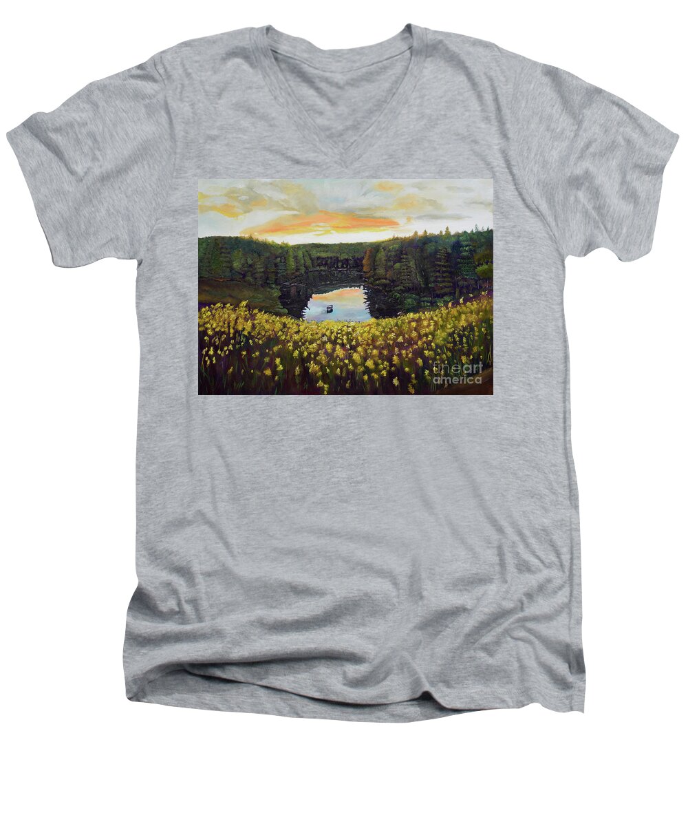 Lake Reflections Men's V-Neck T-Shirt featuring the painting Goldenrods on Davenport Lake-Ellijay, GA by Jan Dappen